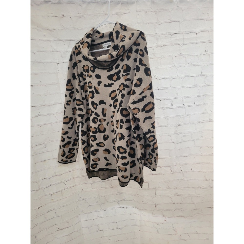 Calvin Klein Womens Leopard Print Cowl Neck Sweater Tan Black XL - Picture 2 of 4